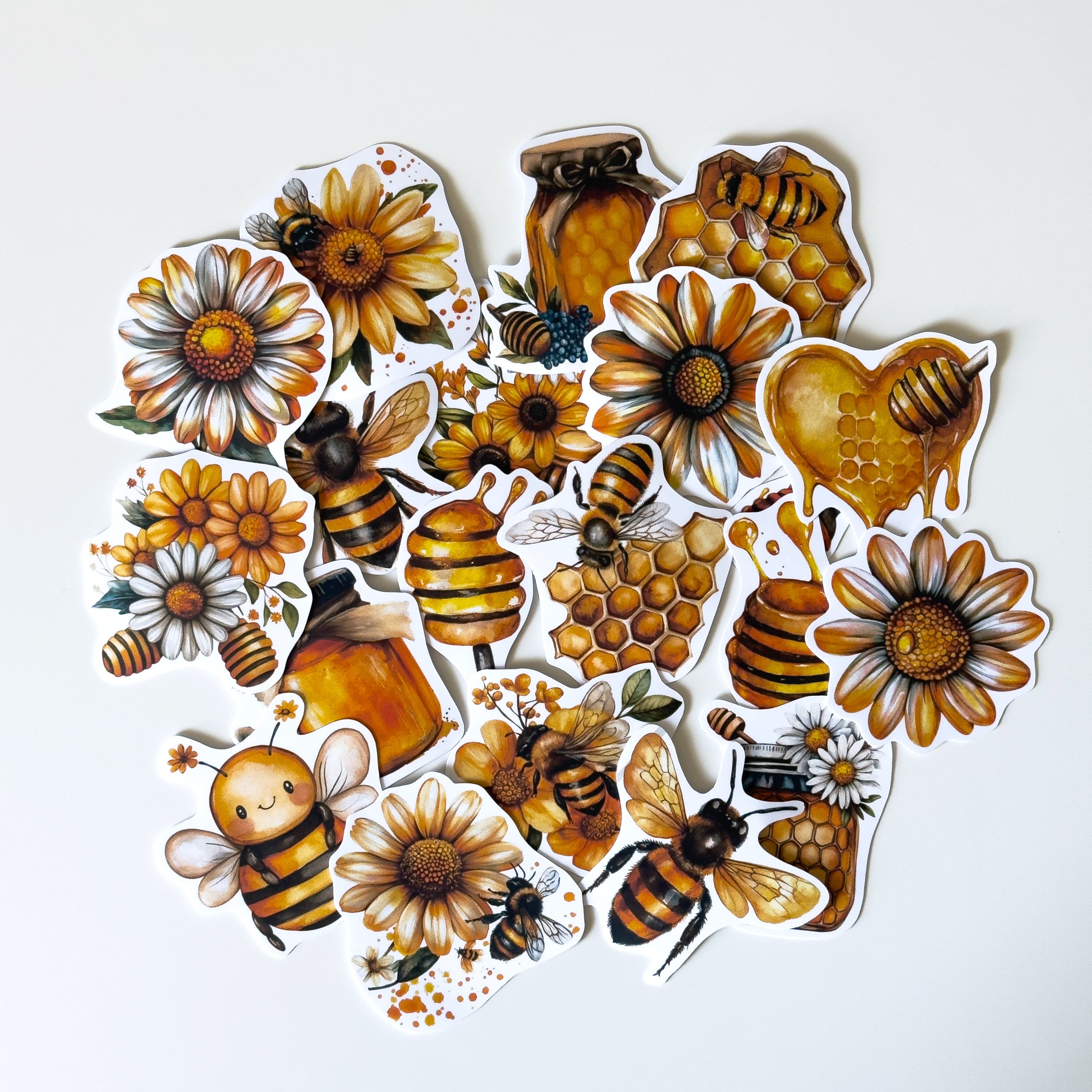 Bee & Honey Aesthetic Sticker Pack – 20 ct | Sunflower, Honeycomb & Cottagecore Set