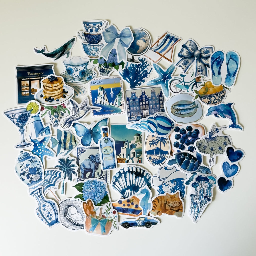 Blue Coastal Aesthetic Sticker Pack – 50 ct | Mediterranean & Summer Collage - MissiaVibes