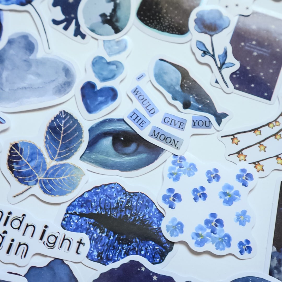 Dark Blue Aesthetic Stickers – 50 pcs | Midnight, Moon & Cosmic Collage Pack - MissiaVibes