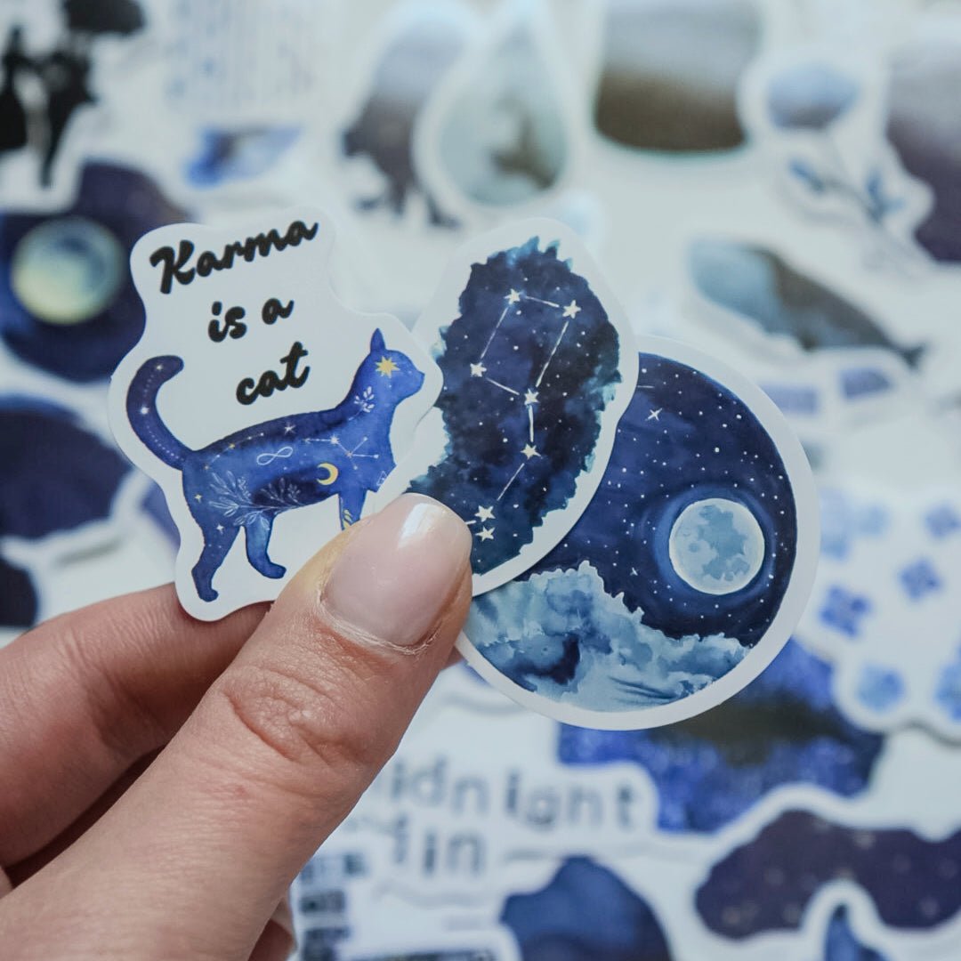 Dark Blue Aesthetic Stickers – 50 pcs | Midnight, Moon & Cosmic Collage Pack - MissiaVibes