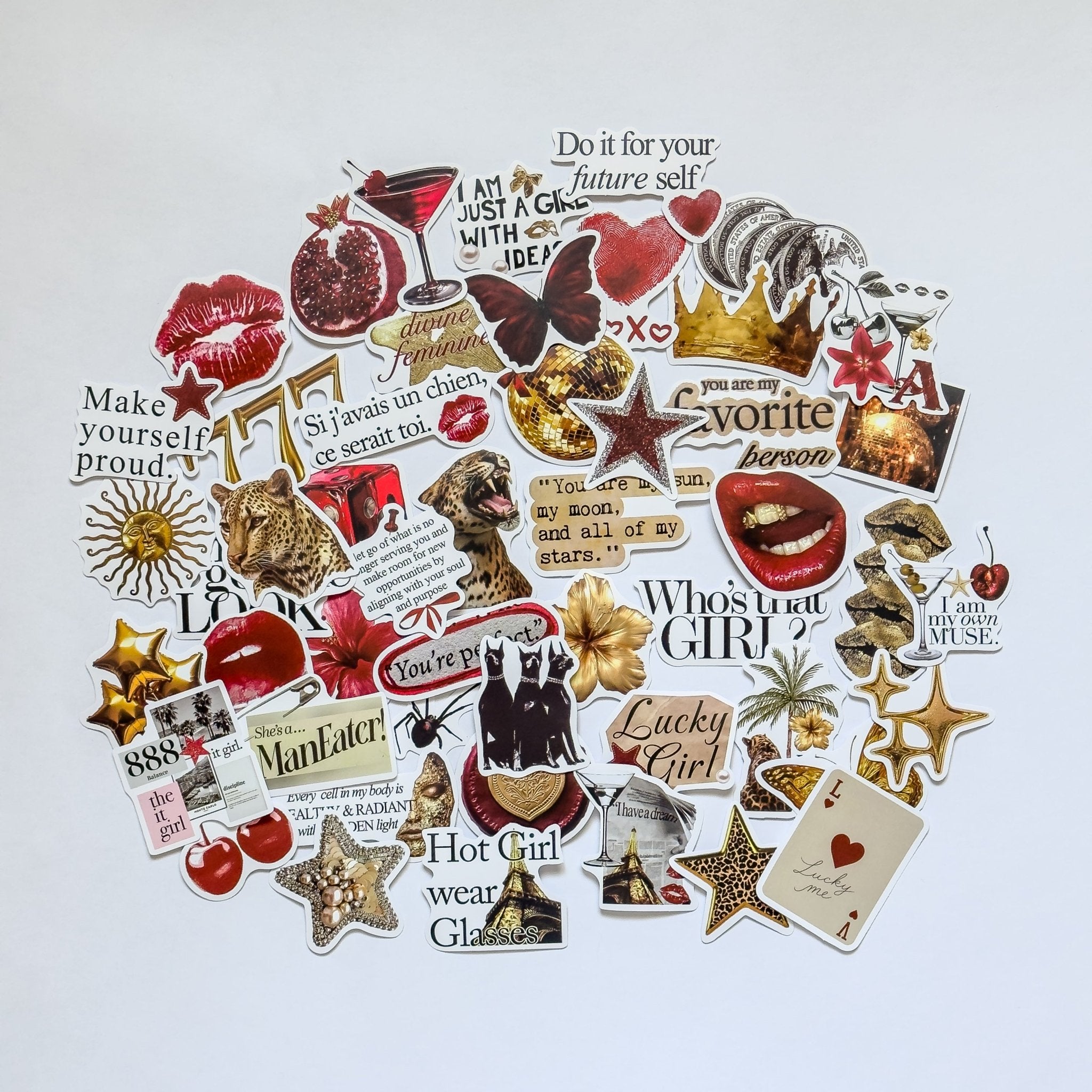 Hot Girl Aesthetic Stickers – 50 pcs | Red & Gold Vintage Glam Collage Pack - MissiaVibes