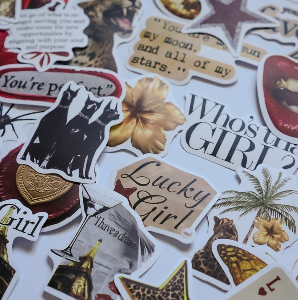 Hot Girl Aesthetic Stickers – 50 pcs | Red & Gold Vintage Glam Collage Pack - MissiaVibes