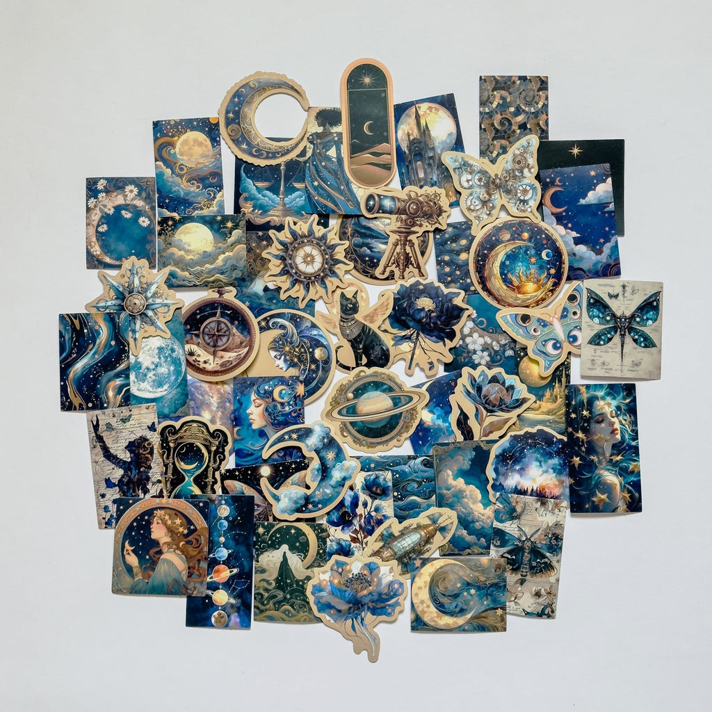Midnight Celestial Aesthetic Stickers – 50 pcs | Moon, Stars & Vintage Cosmic Collage Pack - MissiaVibes
