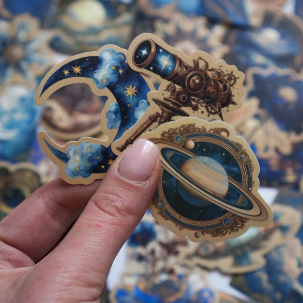 Midnight Celestial Aesthetic Stickers – 50 pcs | Moon, Stars & Vintage Cosmic Collage Pack - MissiaVibes