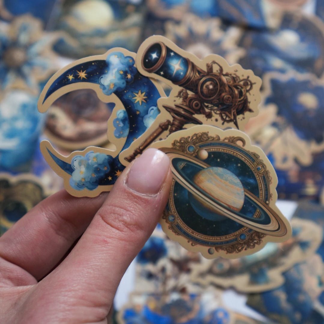 Midnight Celestial Aesthetic Stickers – 50 pcs | Moon, Stars & Vintage Cosmic Collage Pack - MissiaVibes