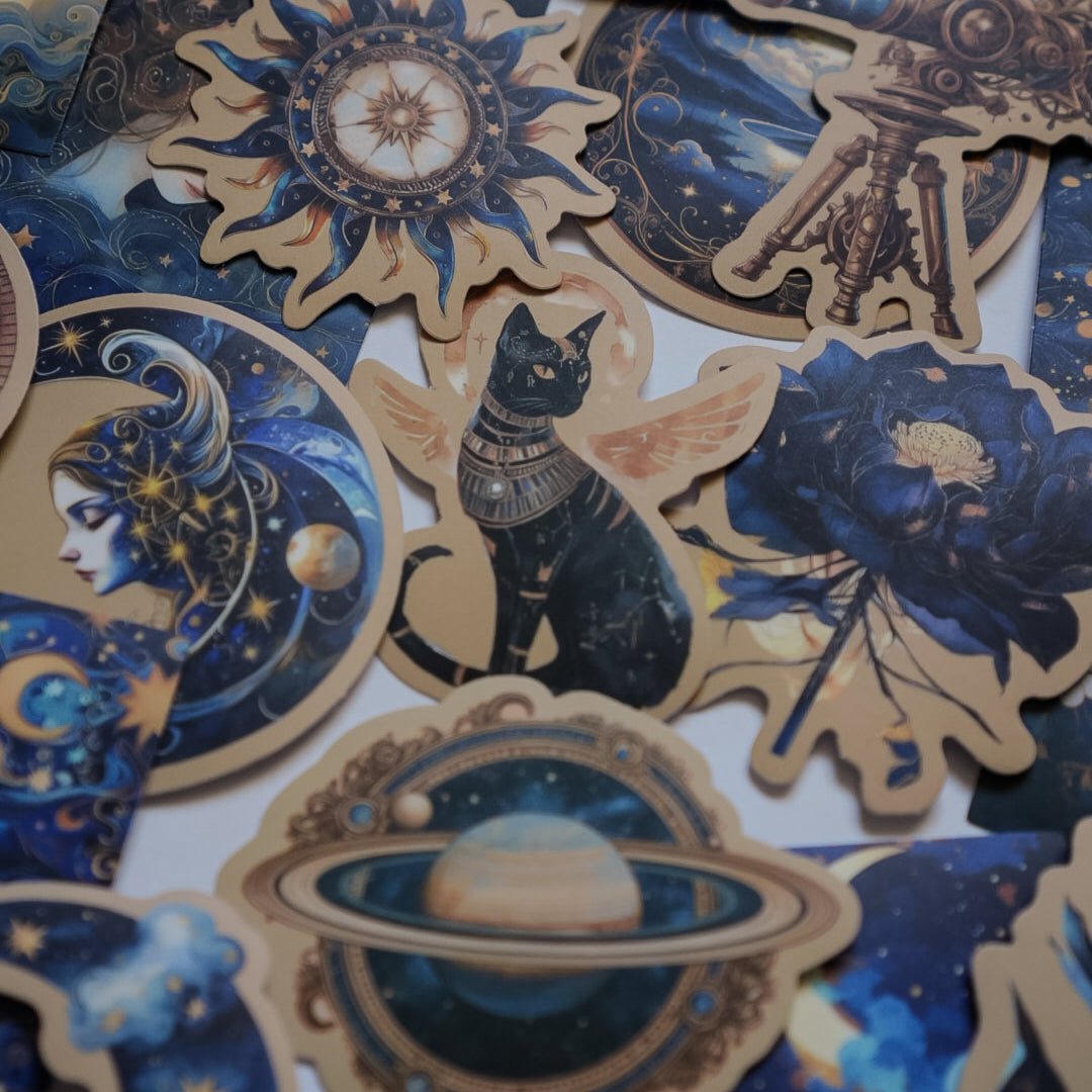Midnight Celestial Aesthetic Stickers – 50 pcs | Moon, Stars & Vintage Cosmic Collage Pack - MissiaVibes