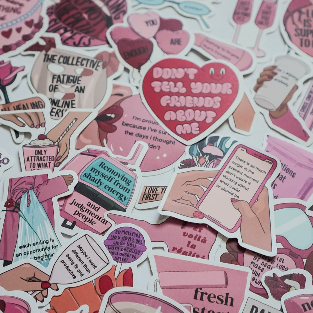 Pink Self Love Aesthetic Stickers – 50 pcs | Motivational Quotes, Healing & Girl Therapy Collage Pack - MissiaVibes