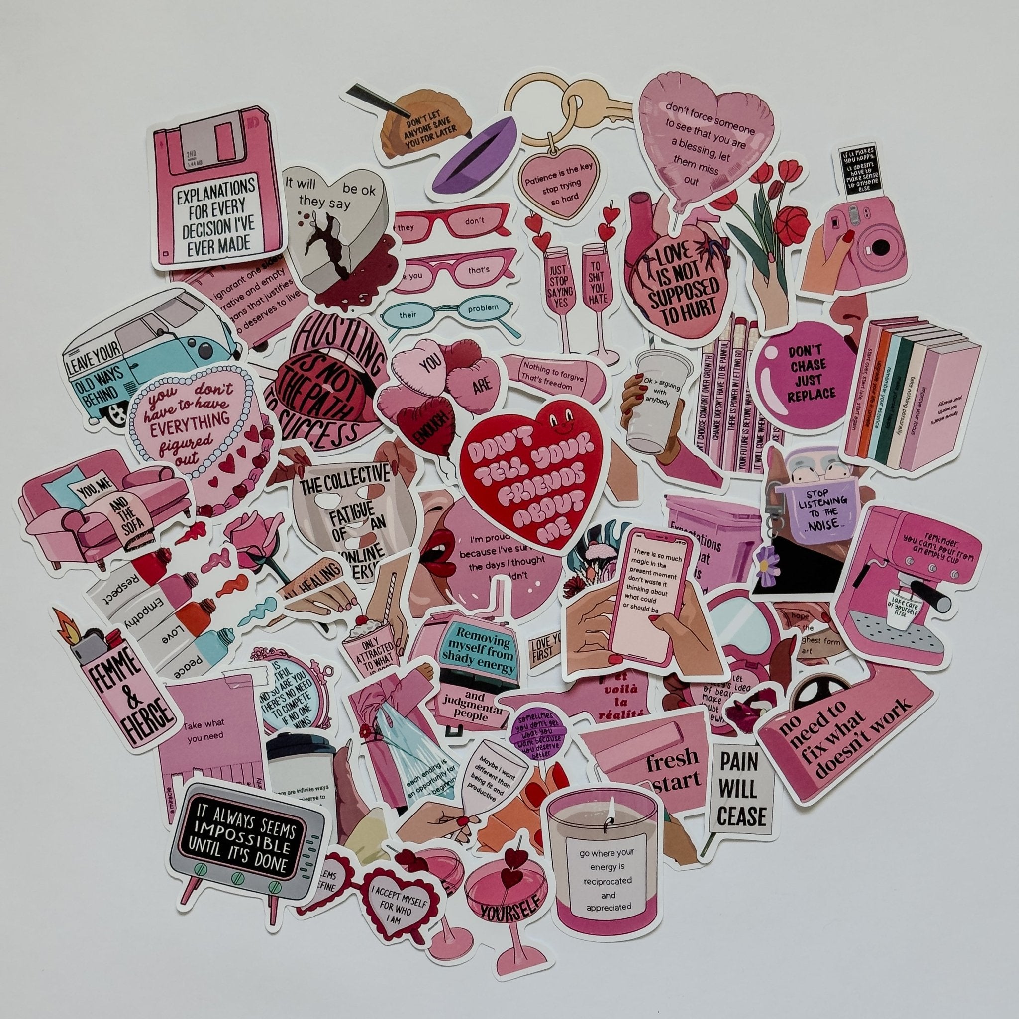 Pink Self Love Aesthetic Stickers – 50 pcs | Motivational Quotes, Healing & Girl Therapy Collage Pack - MissiaVibes