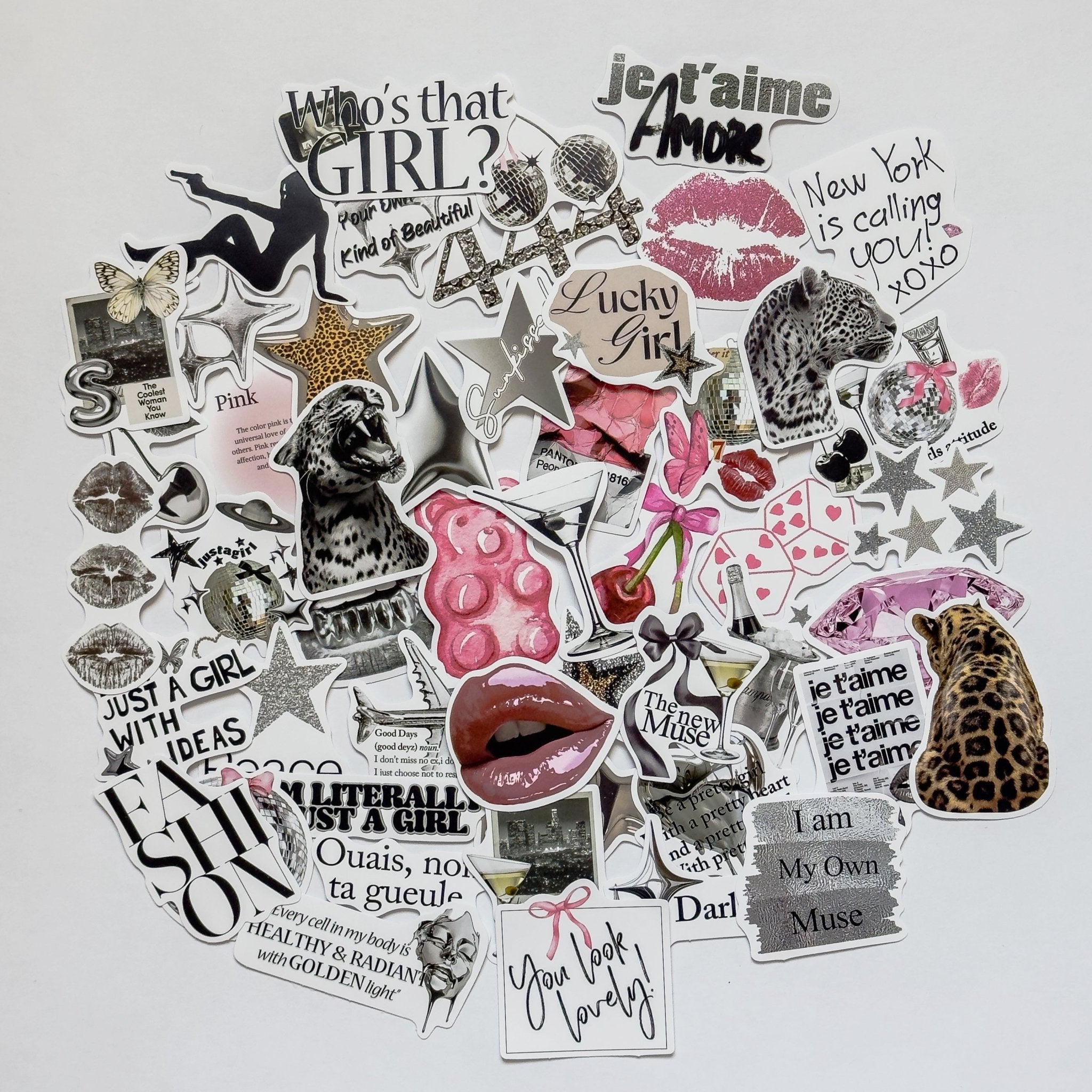 Pink & Silver Aesthetic Stickers – 50 pcs | Coquette Glam, Leopard & Y2K Collage Pack - MissiaVibes
