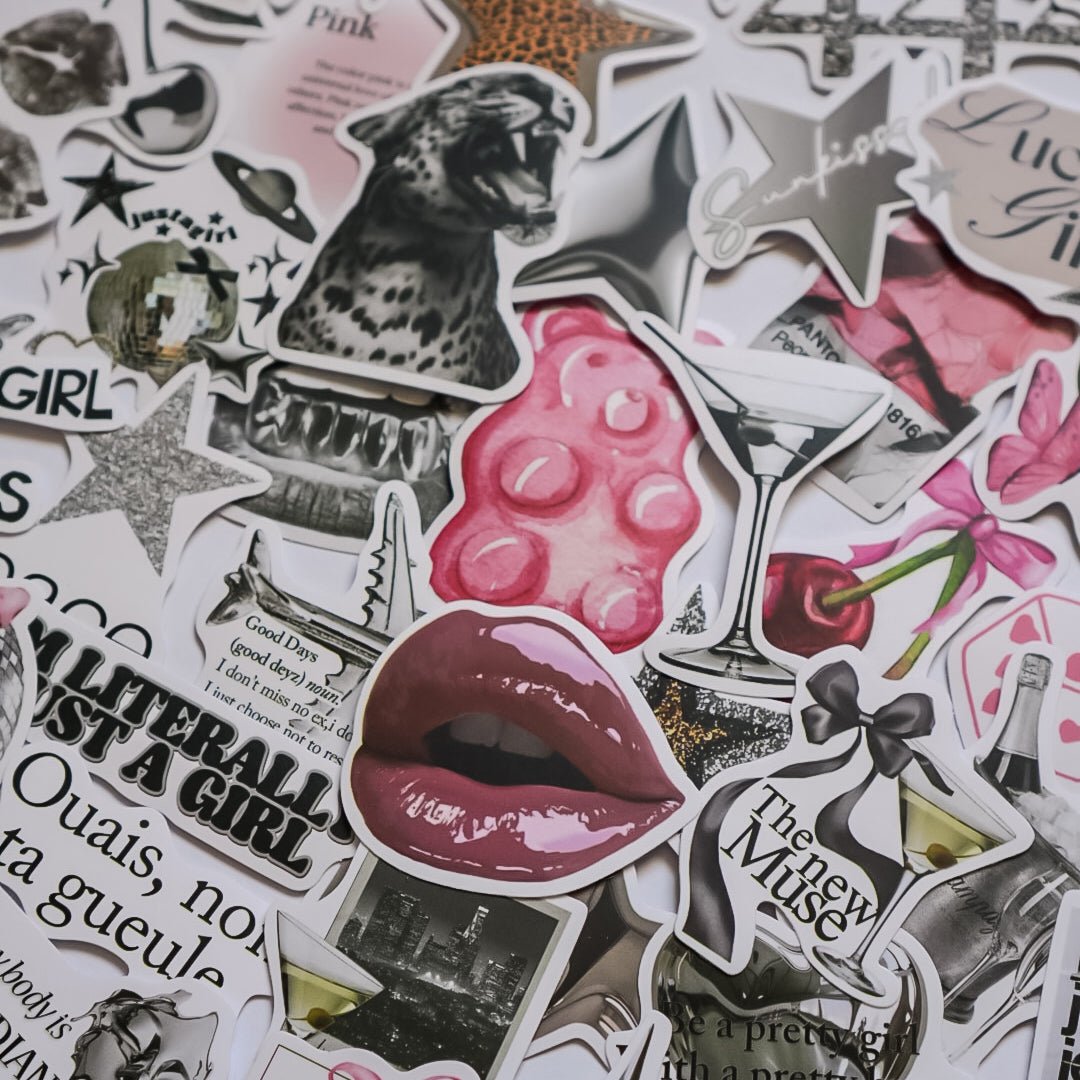 Pink & Silver Aesthetic Stickers – 50 pcs | Coquette Glam, Leopard & Y2K Collage Pack - MissiaVibes